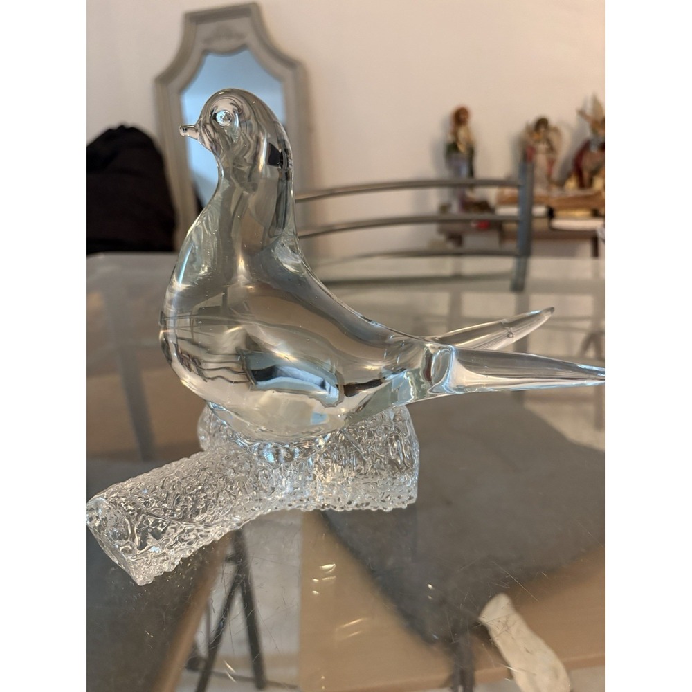 Vintage Heavy Clear Art Glass Bird Figurine Statue Dove Pigeon Branch 7.5"